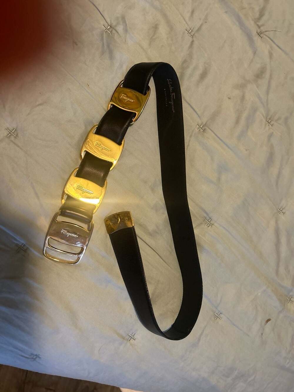 Salvatore Ferragamo Black Leather Belt with Triple Gold-Tone Logo Buckles